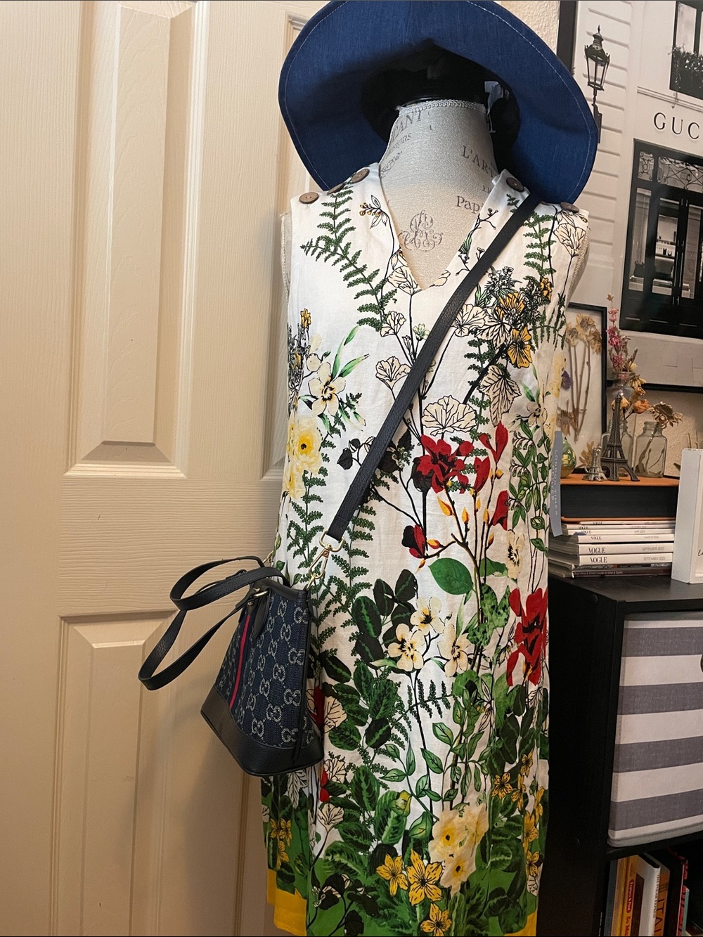 London Times White Floral Dress with Green and Yellow Accents